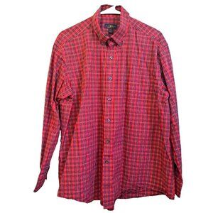 Club Room Men's 17.5 Regular Fit 34/35 Long Sleeve Red Plaid Button Down Shirt
